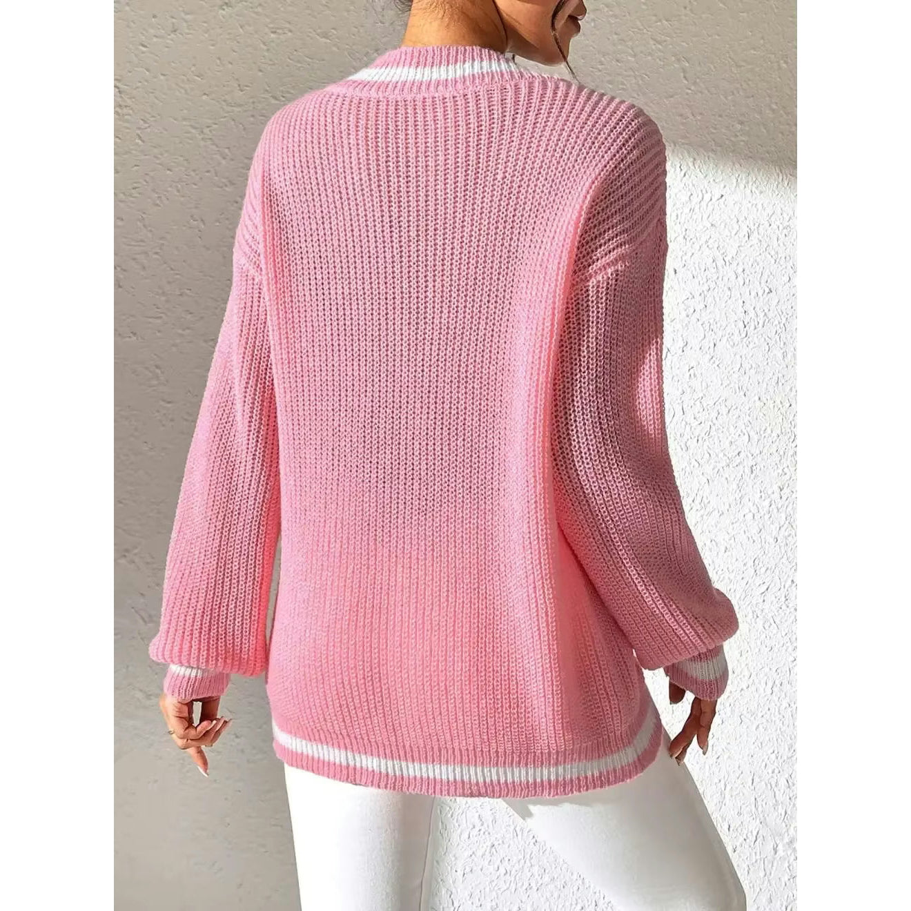 Jean-Mari Pink V Neck Contrast Trim Loose Knit Sweater