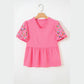 Apryl Sachet Pink Frilled V Neck Flower Embroidered Puff Sleeve Textured Blouse