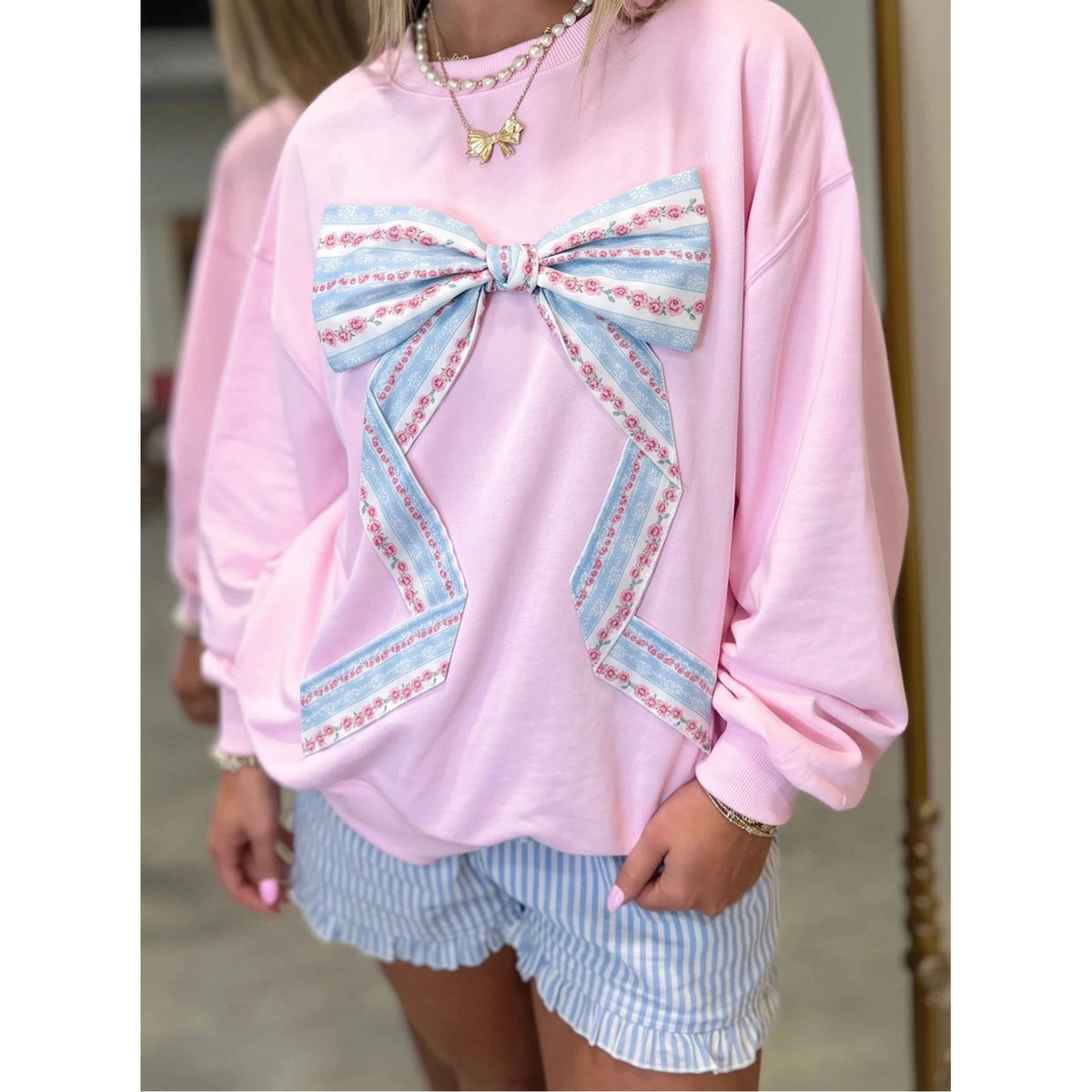 RTS Pink Floral Bow Decoration Drop Shoulder Long Sleeve Top