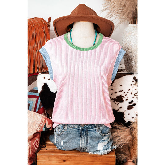 Britley Pink Color Block Corded Knit Crew Neck Tee