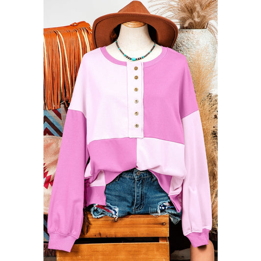 Ryder Pink Colorblock Henley High Low Oversize Sweatshirt