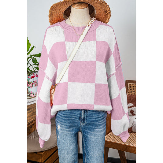 Maryam Pink Checkered Bishop Sleeve Sweater