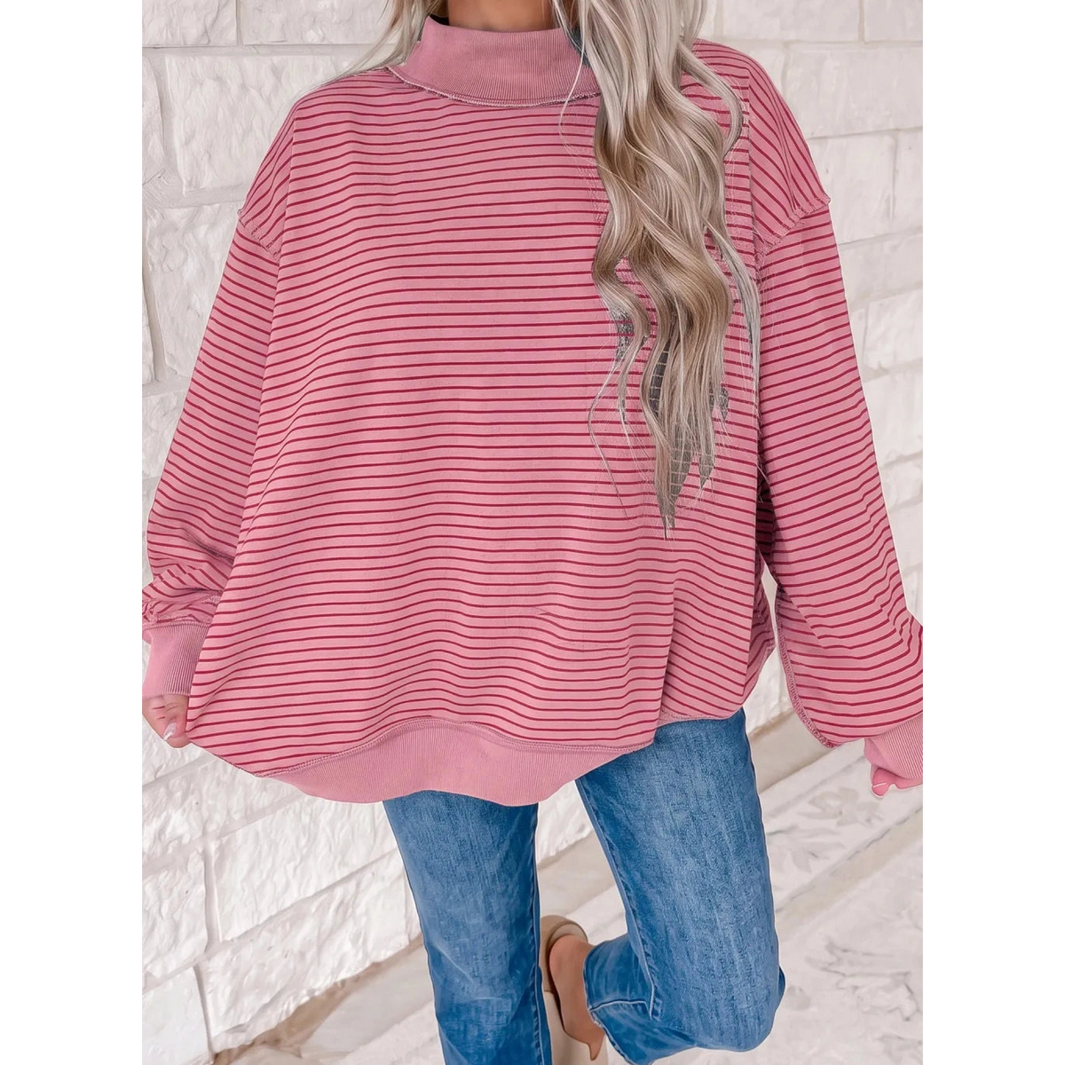 Nataly Pink Stripe Ribbed Color Block Mock Neck Oversized Sweatshirt