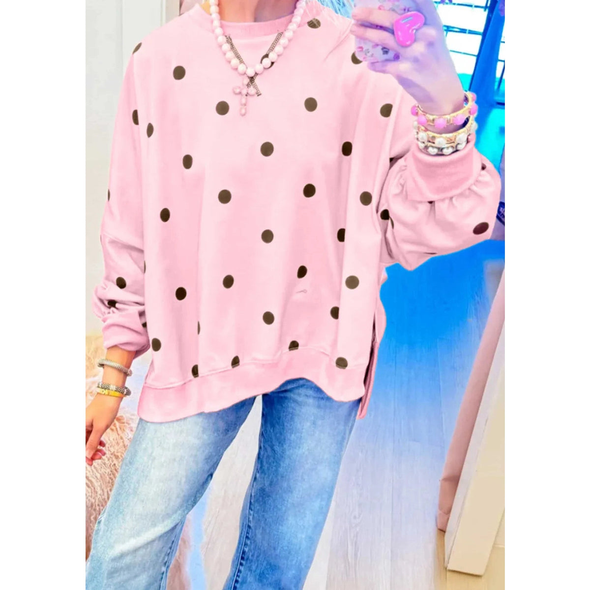 Marjorie Pink Polka Dot Loose Long Sleeve Split Hem Pullover Top