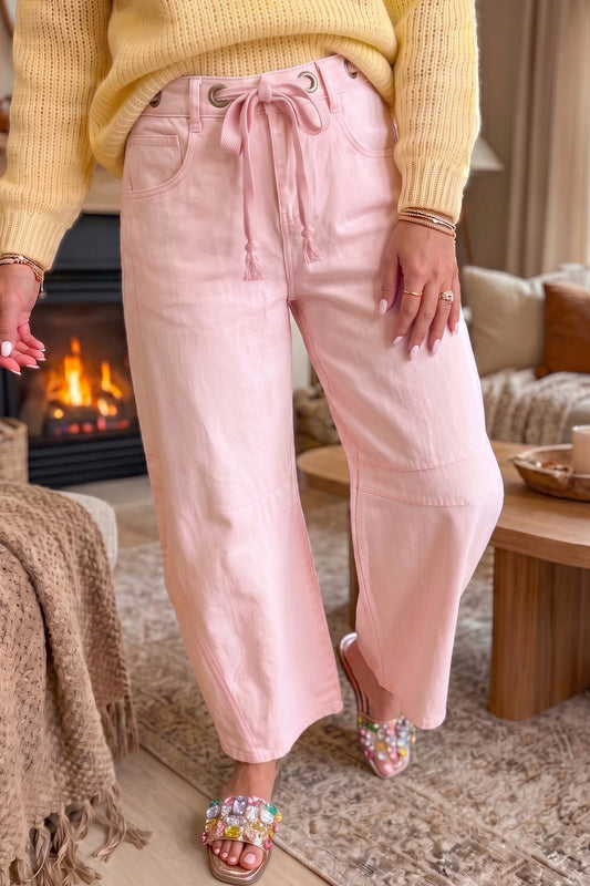 Francey Pink Grommet Detail Knot Waist Barrel Jeans