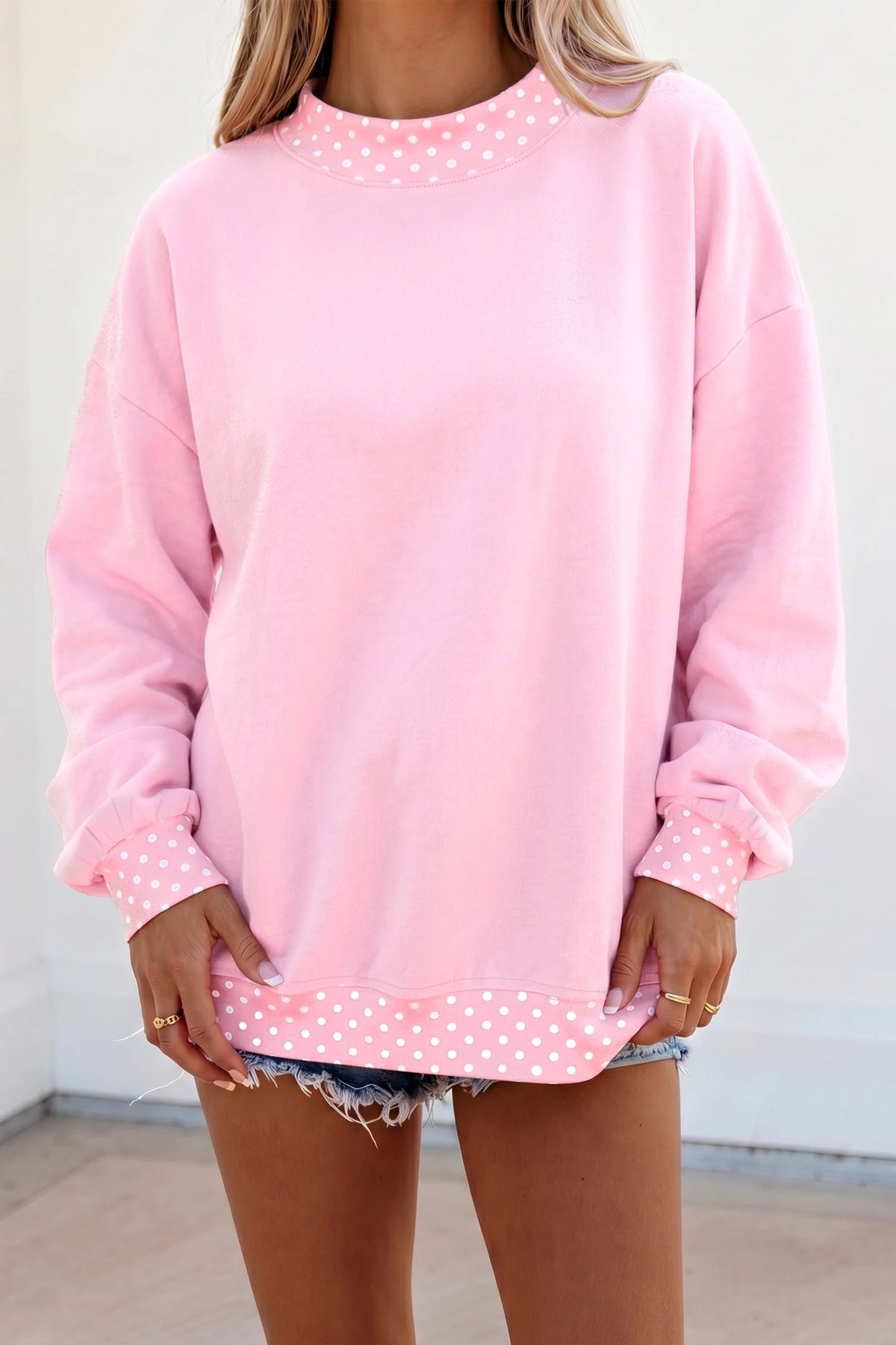 Phoebe Pink Colorblock Polka Dot Contrast Trim Oversized Sweatshirt