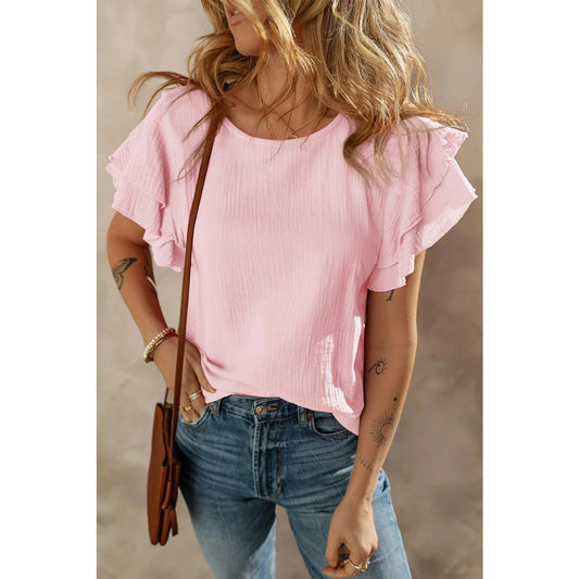 Verena Pink Crinkled Cotton Gauze Ruffle Sleeve Blouse
