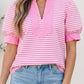 RTS Pink Stripe Color Block Detail Split Neck Short Sleeve Blouse
