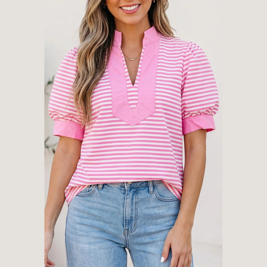 RTS Pink Stripe Color Block Detail Split Neck Short Sleeve Blouse