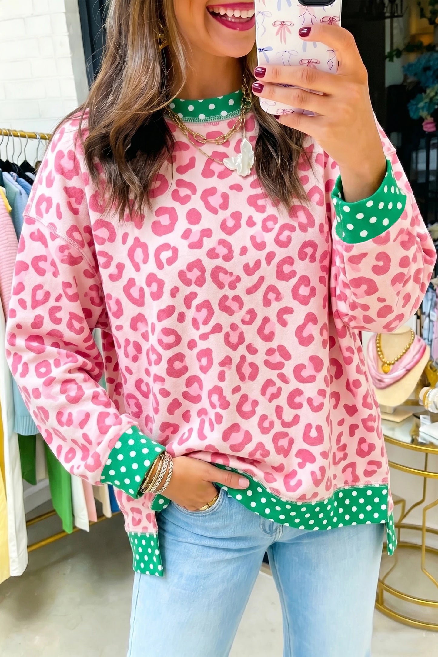 Kimora Pink Leopard Polka Dot Colorblock Trim Long Sleeve Top (Copy)