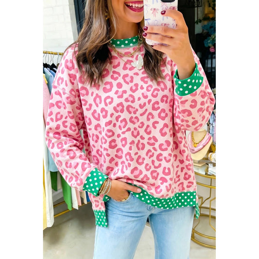 Kimora Pink Leopard Polka Dot Colorblock Trim Long Sleeve Top