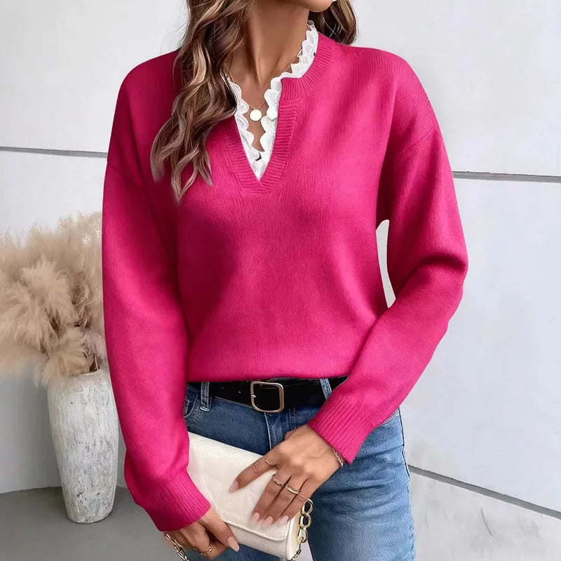 Irene Lace Trim V Neck Sweater - 7 Colors