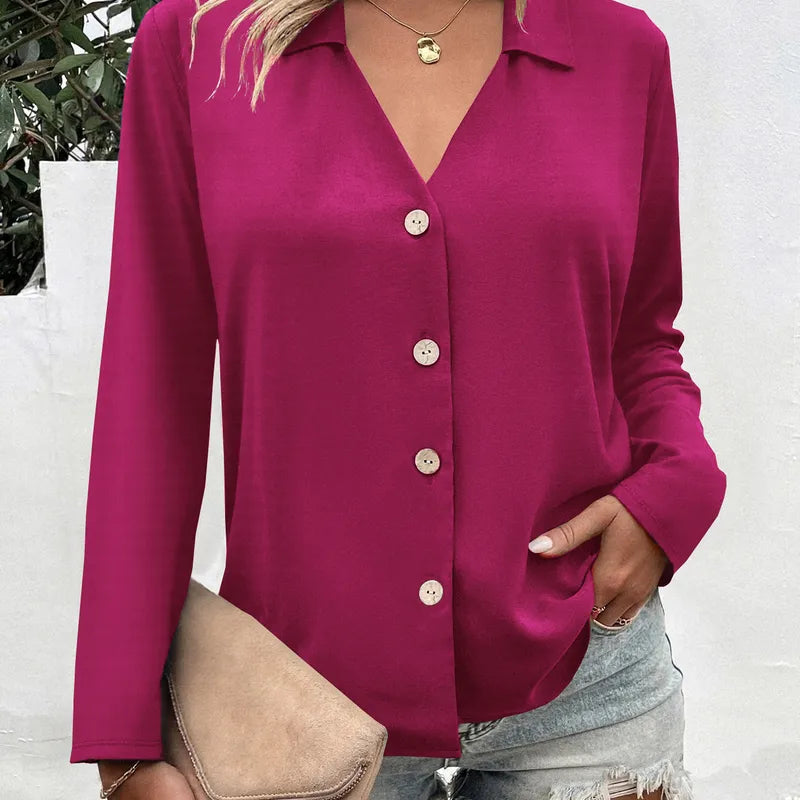 Eleanora Lapel Button Up Long Sleeve Blouse - 6 Colors