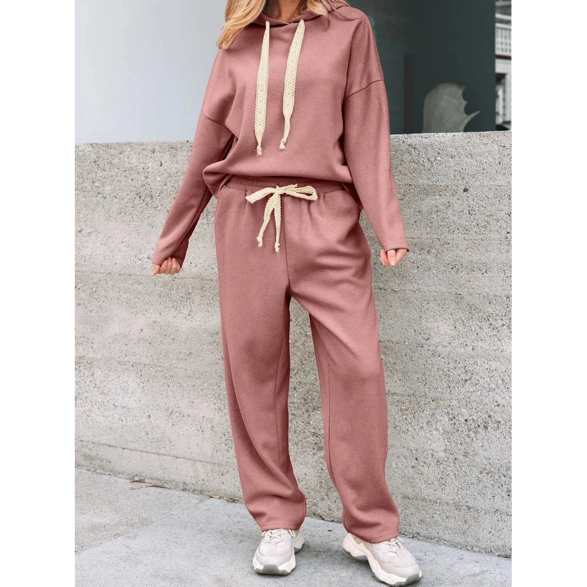 Andria Pink Lace Drawstring Pullover Hoodie and High Waist Pants Corduroy Suit