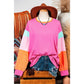 Talia Hot Pink Colorblock Patchwork Long Sleeve Loose Top