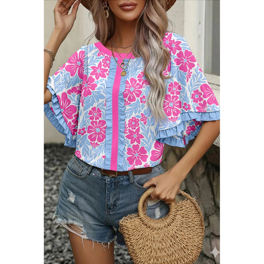 Kella Pink Floral Print Ruffled Color Block Trim Half Sleeve Blouse