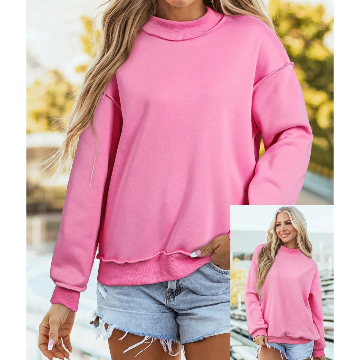 Alessia Hot Pink Oversize Drop Shoulder Reversible Mock Neck Sweatshirt