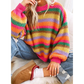 Steffi Pink Rainbow Striped Knit Round Neck Puff Sleeve Sweater