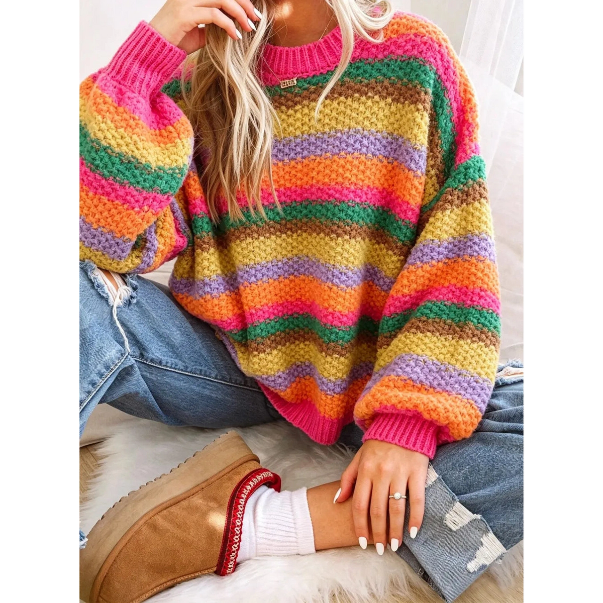 Steffi Pink Rainbow Striped Knit Round Neck Puff Sleeve Sweater