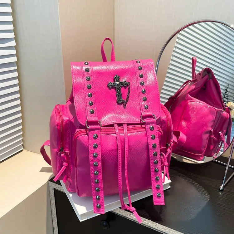 PU Leather Rivet Cross Backpack - 4 Colors