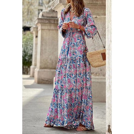 Chrissy Pink V-neck Long Sleeve Bohemian Maxi Dress