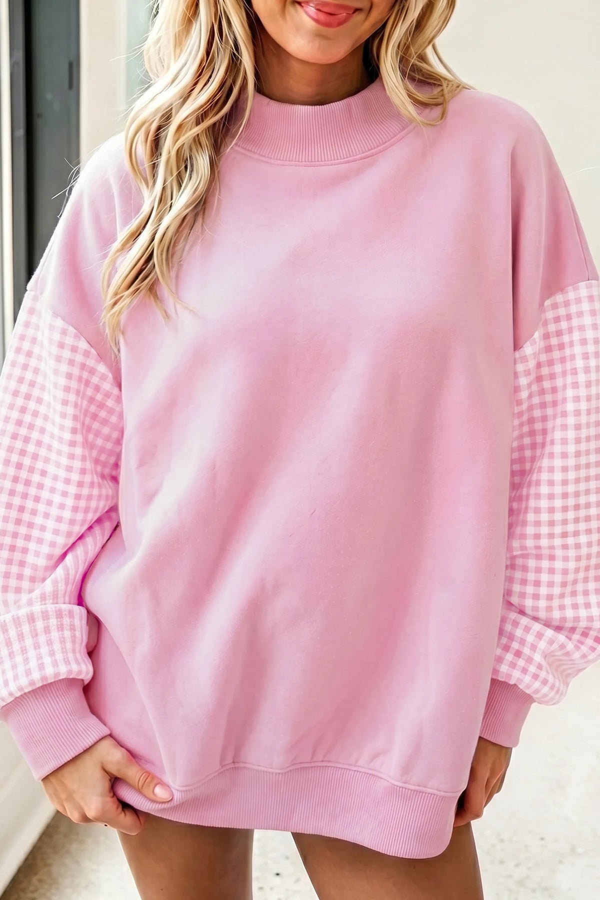Kyrie Pink Plaid Sleeve Colorblock Loose Tunic Sweatshirt