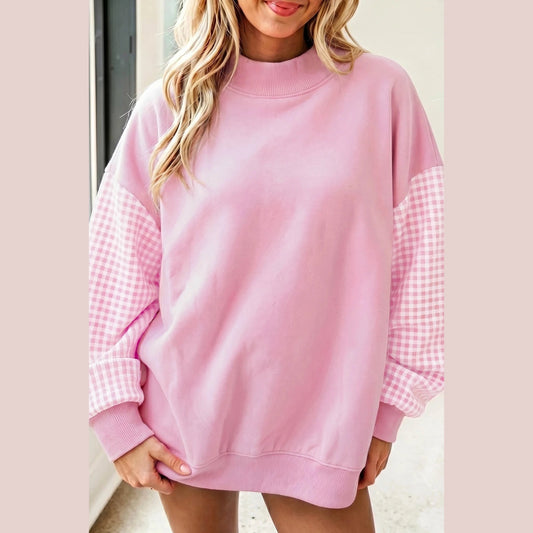 Kyrie Pink Plaid Sleeve Colorblock Loose Tunic Sweatshirt