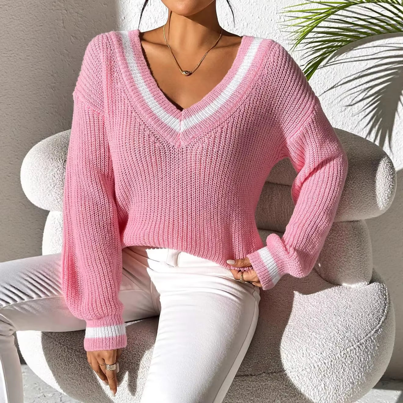 Jean-Mari Pink V Neck Contrast Trim Loose Knit Sweater