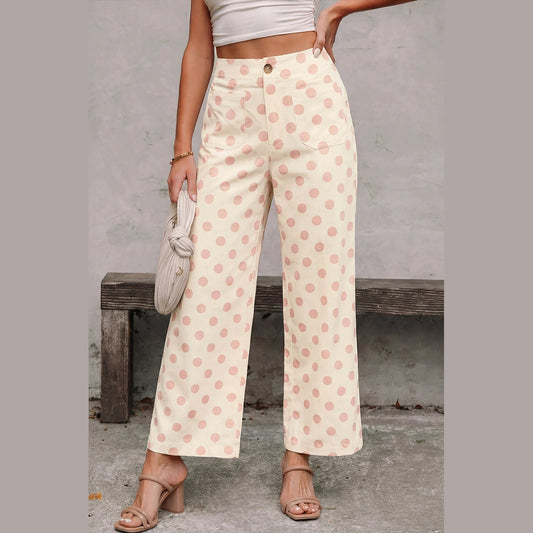 Yolanda Pink Polka Dot Print Patched Pocket Loose Pants