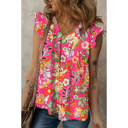 RTS Floral V Neck Ruffle Tank Top