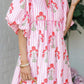 RTS Pink Floral Striped Print Tie Notched Neck Puff Sleeve Flared Mini Dress