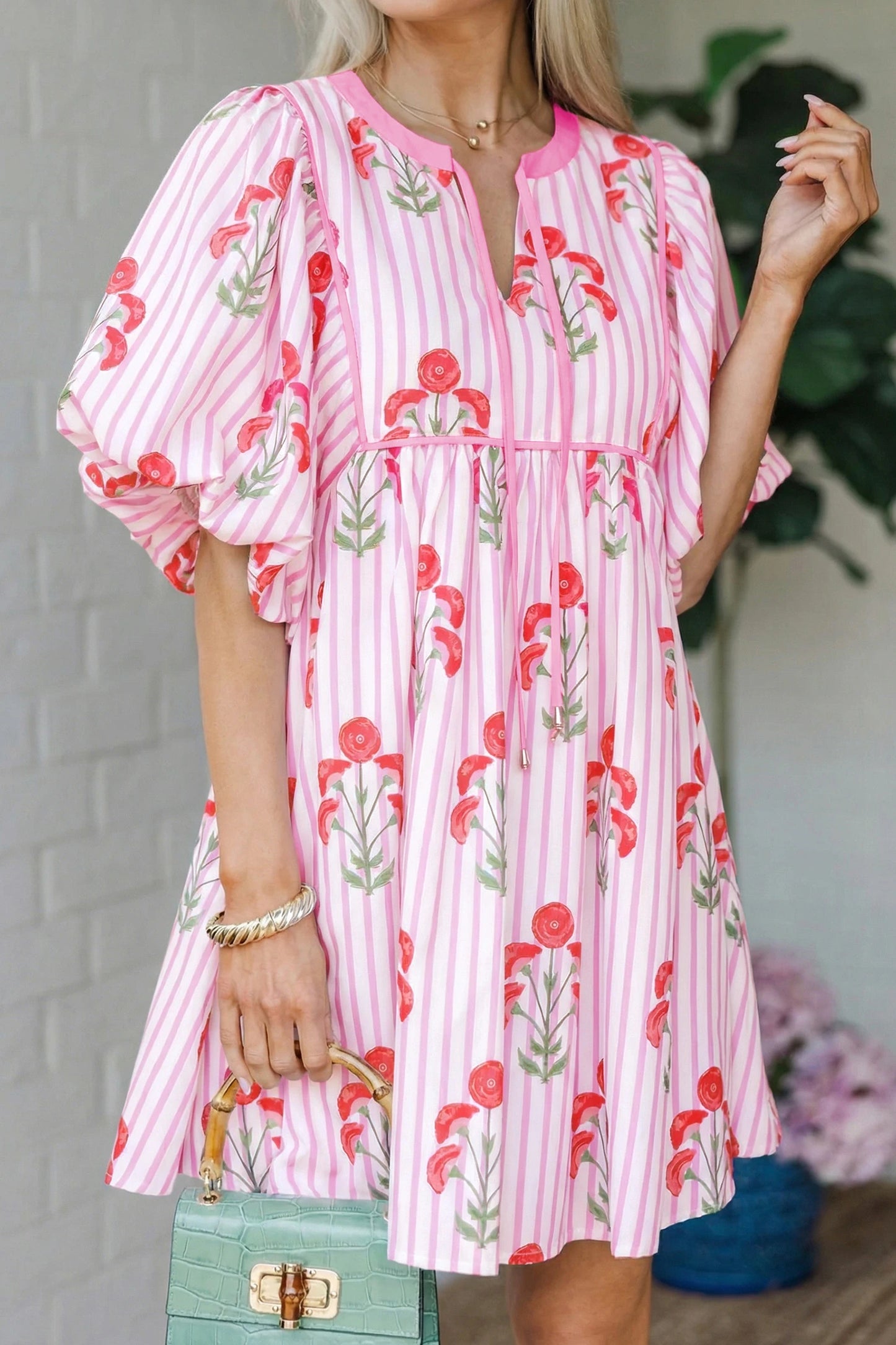 RTS Pink Floral Striped Print Tie Notched Neck Puff Sleeve Flared Mini Dress