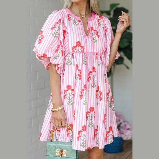 RTS Pink Floral Striped Print Tie Notched Neck Puff Sleeve Flared Mini Dress