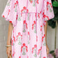 RTS Pink Floral Striped Print Tie Notched Neck Puff Sleeve Flared Mini Dress