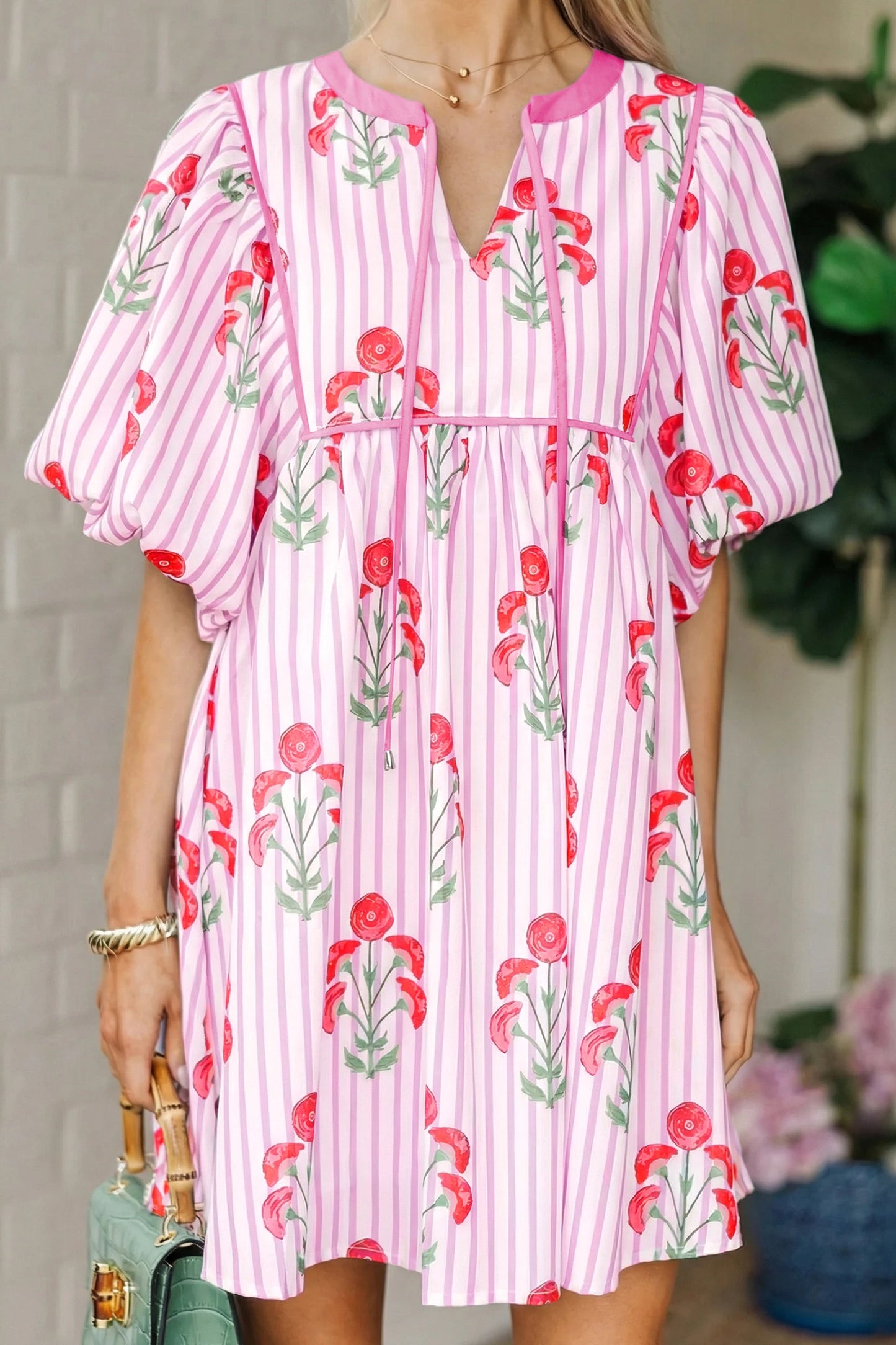 RTS Pink Floral Striped Print Tie Notched Neck Puff Sleeve Flared Mini Dress