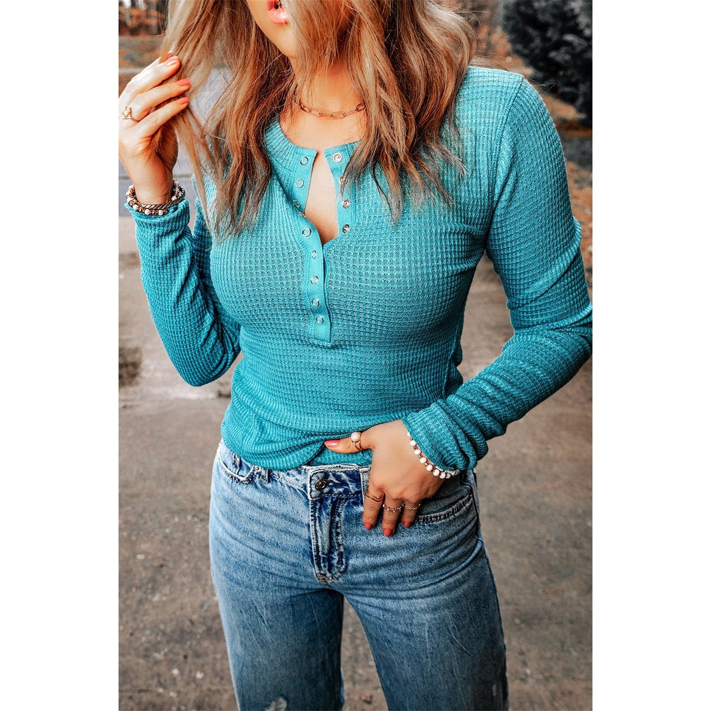 Pip Sky Blue Waffle Knit Buttoned Henley Top