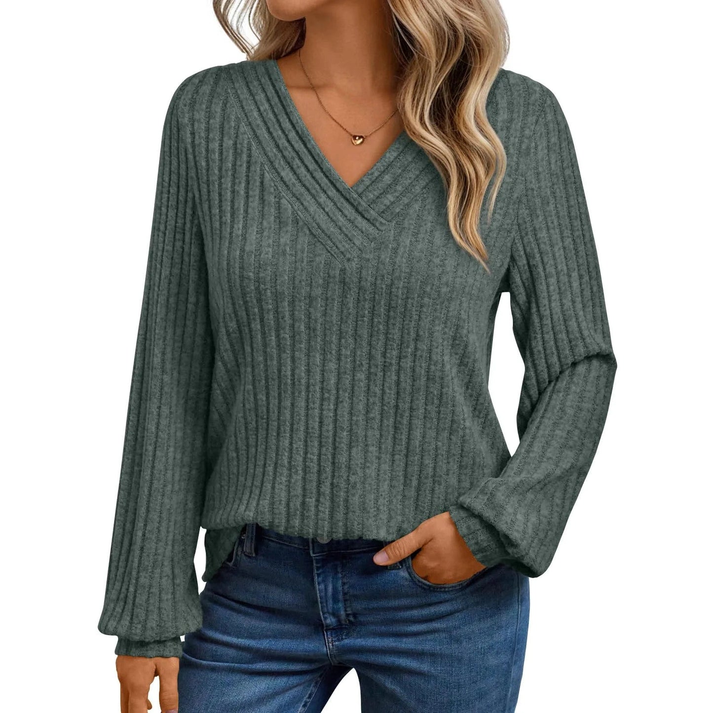 Piper Green V Neck Ribbed Long Sleeve Top