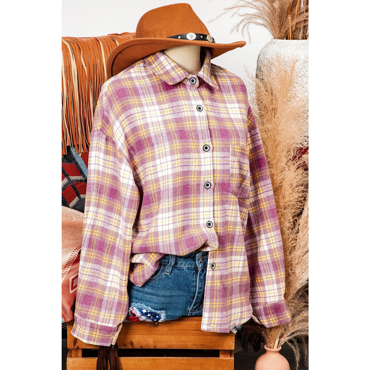 Piper Pink Plaid Print Chest Pocket Long Sleeve Shacket