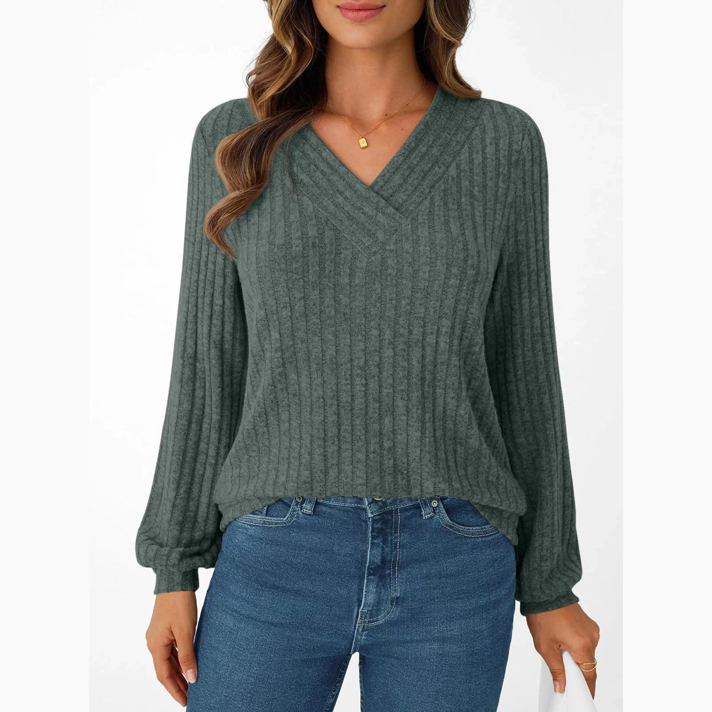 Piper Green V Neck Ribbed Long Sleeve Top