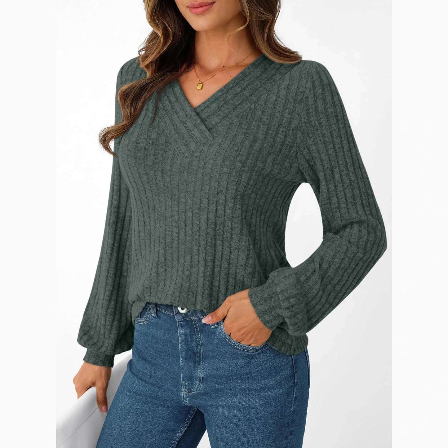 Piper Green V Neck Ribbed Long Sleeve Top