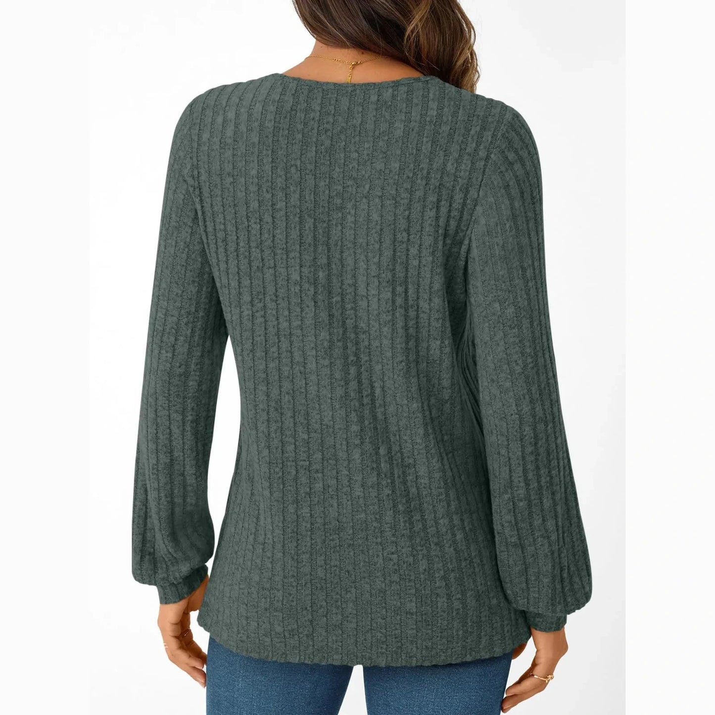 Piper Green V Neck Ribbed Long Sleeve Top