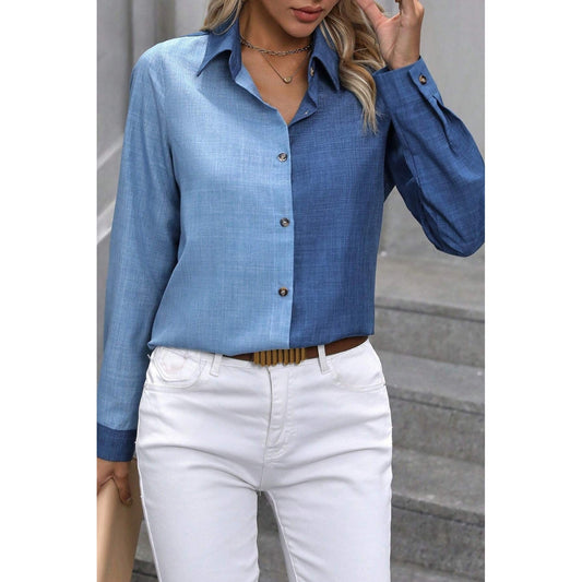 Pixy Double Blue Color Blocked Long Sleeve Shirt