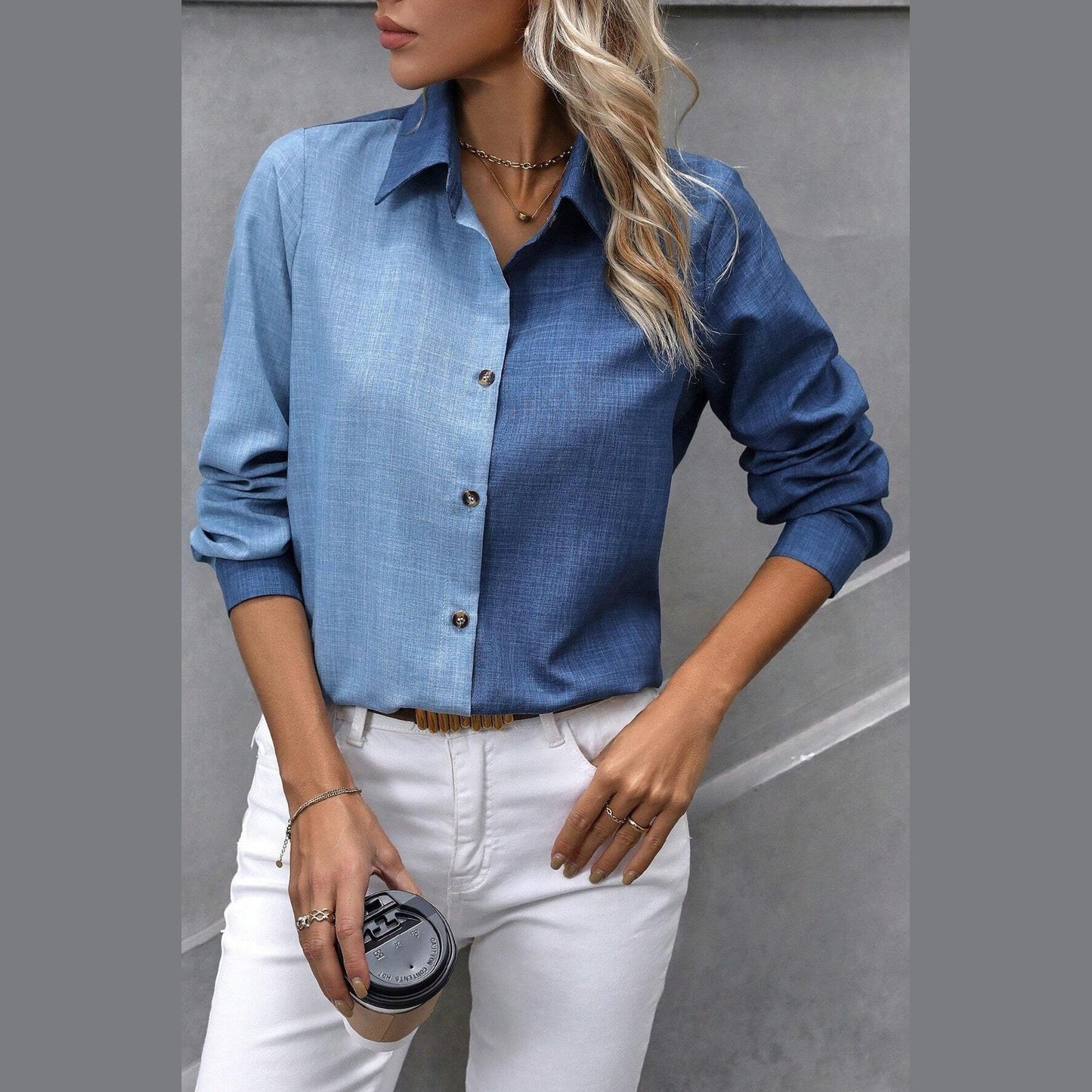 Pixy Double Blue Color Blocked Long Sleeve Shirt