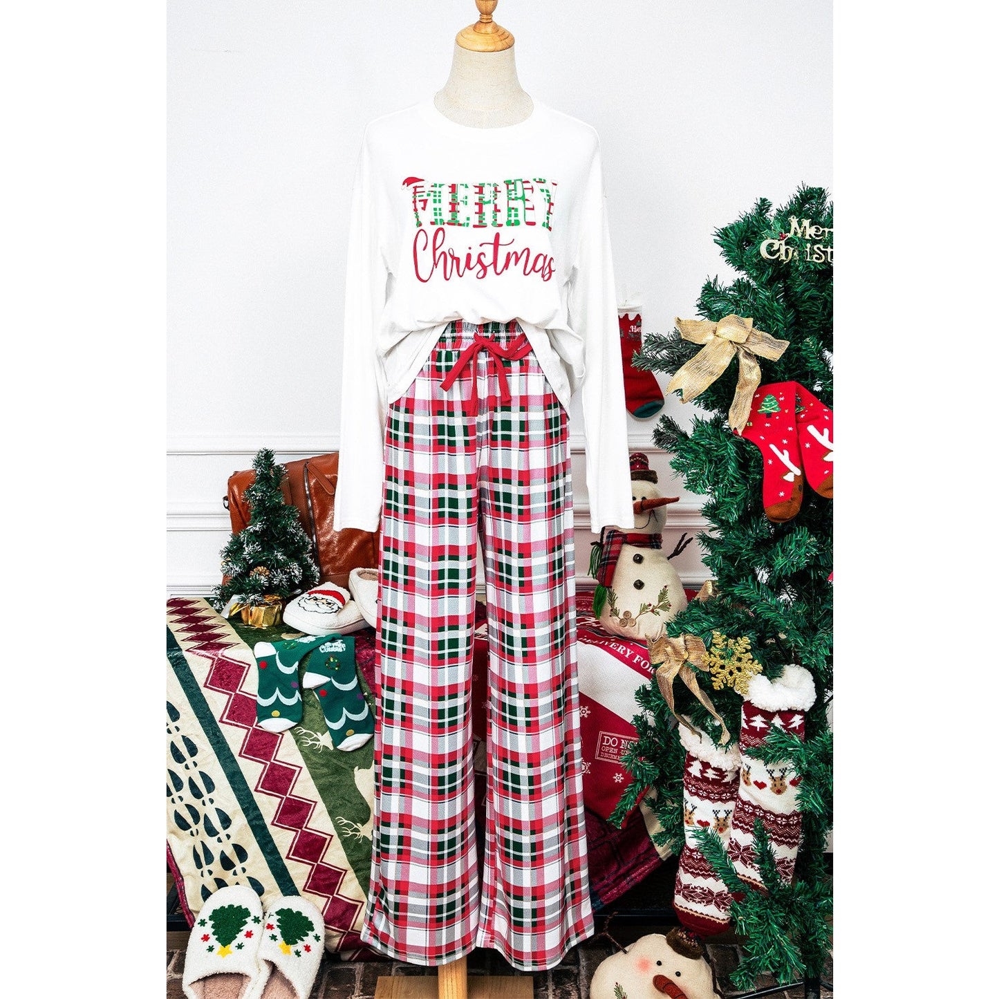 Multicolor Merry Christmas Plaid Print Two Piece Lounge Set