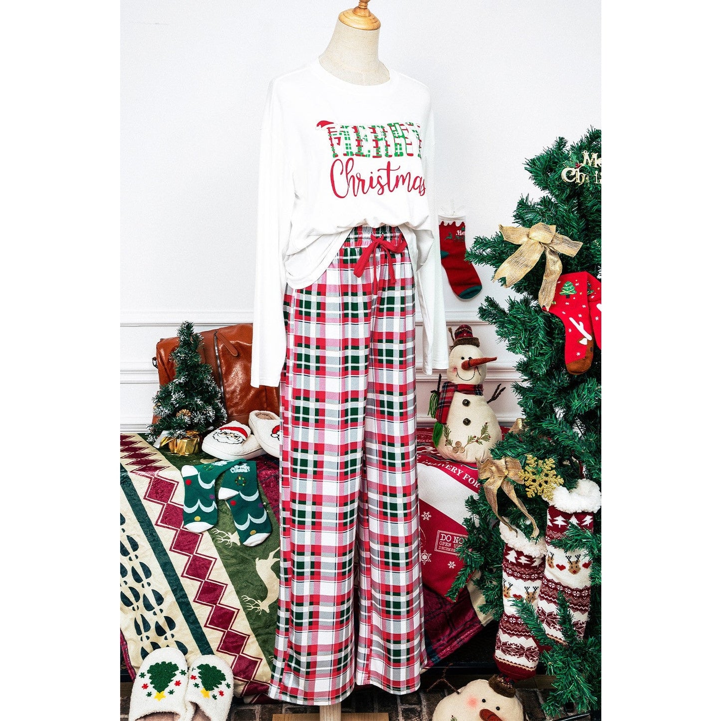 Multicolor Merry Christmas Plaid Print Two Piece Lounge Set