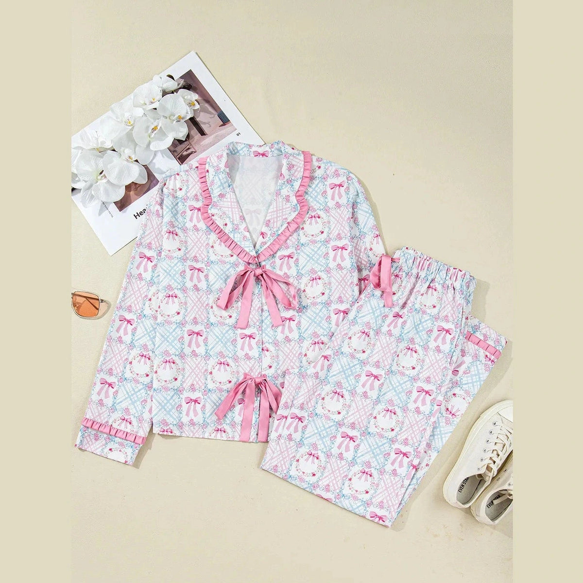 SALE!!!  Pink Bow Wreath Pattern Christmas Holiday Tied Front Long Sleeve 2pcs Pajama Set
