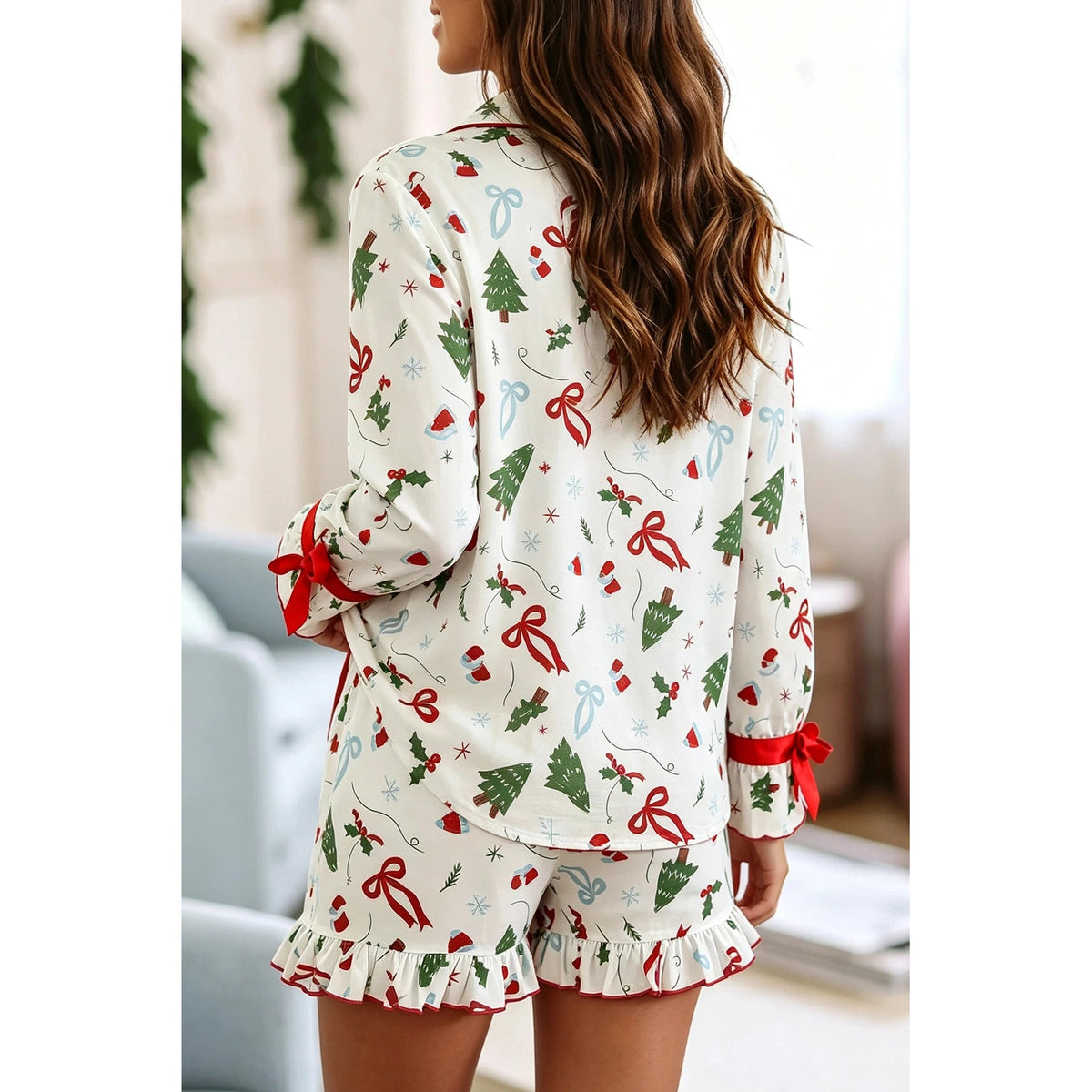 White Christmas Print Ruffle Cuff Long Sleeve Lounge Set