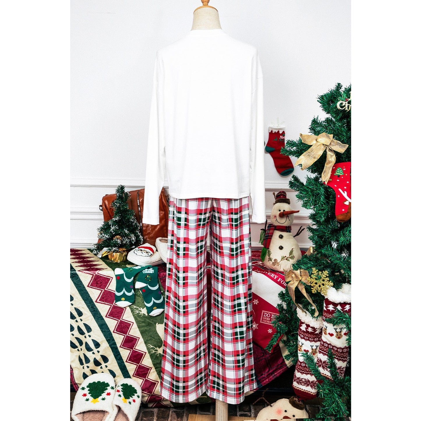 Multicolor Merry Christmas Plaid Print Two Piece Lounge Set