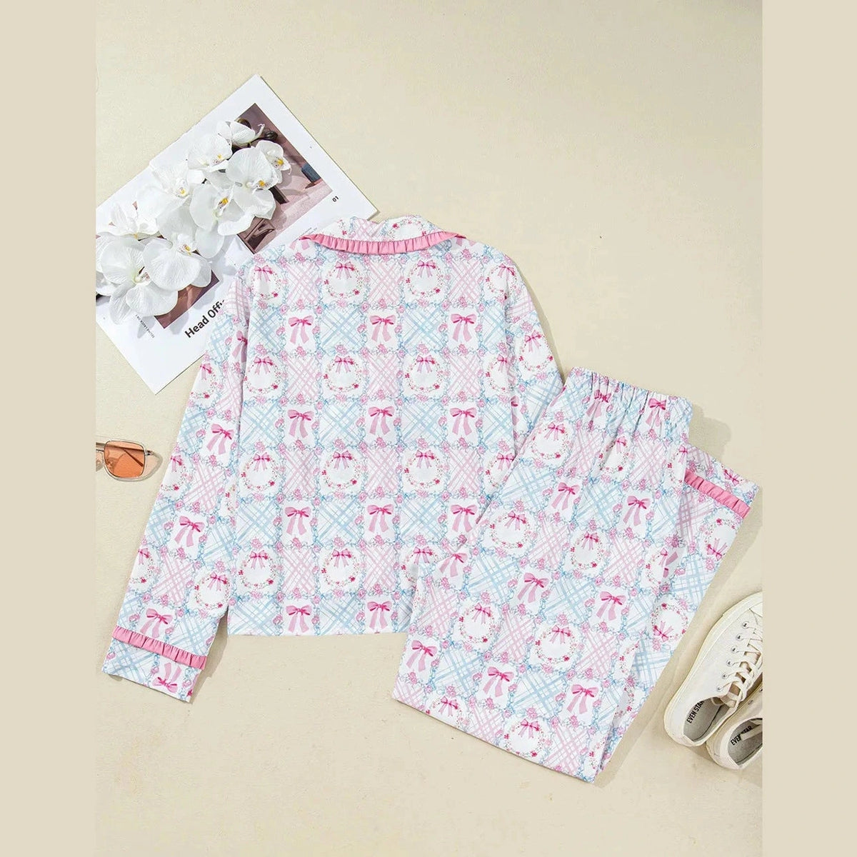 SALE!!!  Pink Bow Wreath Pattern Christmas Holiday Tied Front Long Sleeve 2pcs Pajama Set