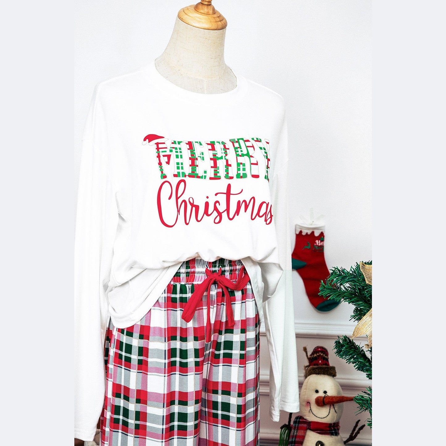 Multicolor Merry Christmas Plaid Print Two Piece Lounge Set